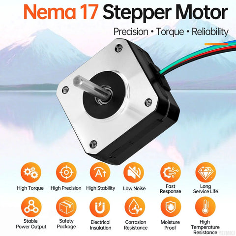 Nema 17 stepper motor, front view with silver mounting face, protruding shaft, and 4-wire cable.
