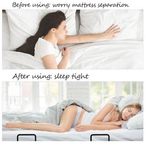 Before and after images show benefits of Heavy Duty Mattress Retainer Bar Two Piece Kit For Steel Bed Frames And Adjustable Bases.
