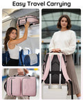 Woman placing Under Seat Personal Item Bag For Travel TSA Approved 18x14x8 Inches With Water Bottle Pocket And Shoe Compartment Pink.