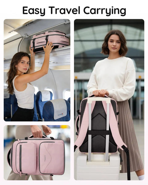 Woman placing Under Seat Personal Item Bag For Travel TSA Approved 18x14x8 Inches With Water Bottle Pocket And Shoe Compartment Pink.