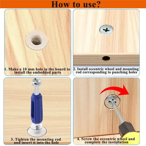 Rock Solid Furniture Cam Lock Fasteners Featuring Hella Tough Alloy Steel Nuts Screws And Precision Wood Dowel Pins For Easy Cabinet Wardrobe And Kitchen Assembly No Sweat Required installation guide with step-by-step images.