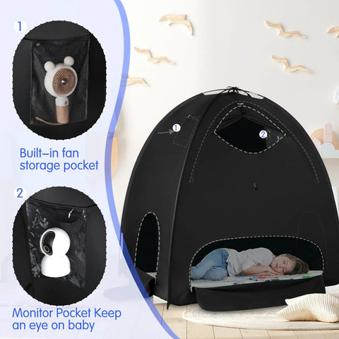 Zero Hassle Snap Together Blackout Tent For Pack And Play features built-in storage pockets for toys and monitors.