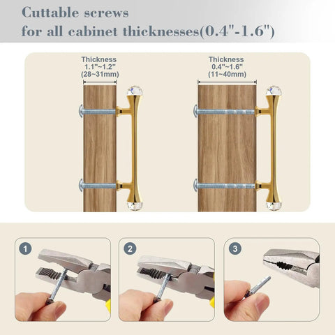Gold Crystal Dresser Drawer Pulls Four Pack With Screws Three And Three Quarter Inch Hole Center with cuttable screws instructions