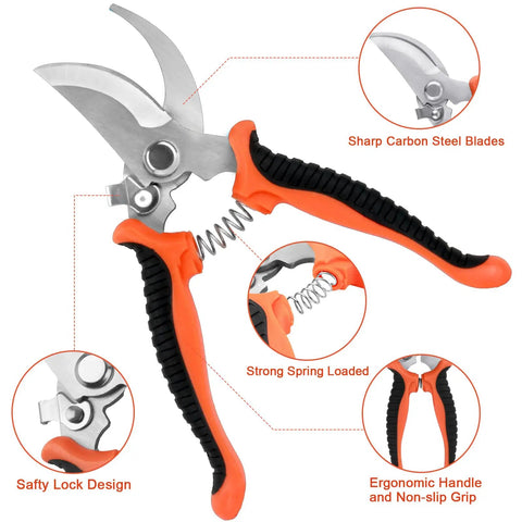 Must Have All In One Garden Tool Kit With Non Slip Ergonomic Handles, 8 Piece Heavy Duty Set In Orange, showing orange pruning shears