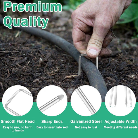 Heavy Duty Landscape Stakes Kit 100 Pack in 4 Inch 6 Inch 8 Inch and 10 Inch 11 Gauge Galvanized Staples securing irrigation tubing