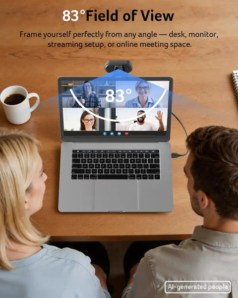 Hassle Free Plug And Play 1080P HD Webcam For Computers showing 83° field of view on laptop during a video call.