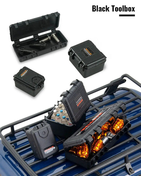 12 Piece Red RC Crawler Accessory Kit Black Tool Box for 1/18 TRX4M and 1/24 Axial SCX24 with realistic scale details
