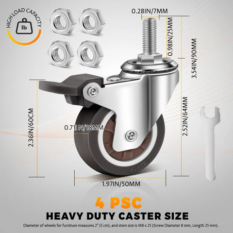 2 Inch Stem Casters Wheels Set Of 4 With Dual Locking For Cart And Furniture M8 X 25 Mm Threaded Swivel Castors Heavy Duty 880 Lbs Capacity Universal 2 Inch Wheels Smooth Silent Movement, showing dimensions and nuts