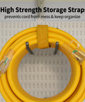 Coiled Outdoor Extension Cord 50 Ft 12/3 Waterproof Heavy Duty With Lighted End LED Indicator on storage pegboard