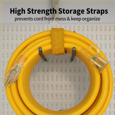 Coiled Outdoor Extension Cord 50 Ft 12/3 Waterproof Heavy Duty With Lighted End LED Indicator on storage pegboard