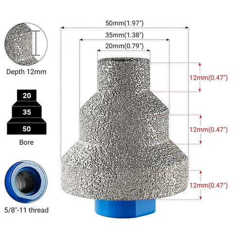 Three Step Diamond Hole Saw Set For 20mm 35mm And 55mm Holes Tapered Diamond Drill Bits For Stone Marble And Rock Universal Round Hole Opening Tool With Pagoda Style Size Increments And Pro Grade Performance showing pagoda design and measurements
