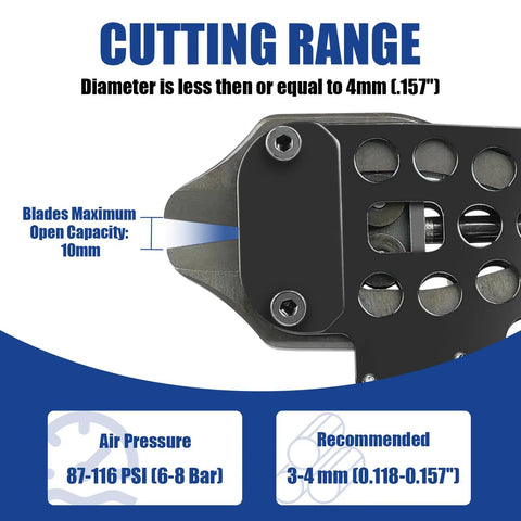 Heavy Duty Pneumatic Cutting Nipper Built Tough With Aluminum Housing And Forged Alloy Steel Blades For Faster Wire Snipping, cutting range info.