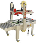 Versatile Case Sealer And Adjustable Top And Bottom Tape Dispenser Zero Stress Smooth Operator For Custom Shipping Boxes machine with roller conveyor.