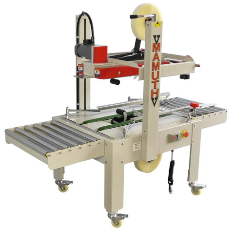 Versatile Case Sealer And Adjustable Top And Bottom Tape Dispenser Zero Stress Smooth Operator For Custom Shipping Boxes machine with roller conveyor.