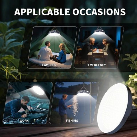 Ultra Bright Portable Camping Lantern With 5000 Lumen Led Light, 30W Power, Magnetic Base, shown in various outdoor scenarios