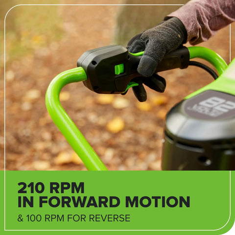Close-up of 82V Brushless Earth Auger Power Head With 4.0Ah Battery And Dual Port Charger handle, showing speed settings.