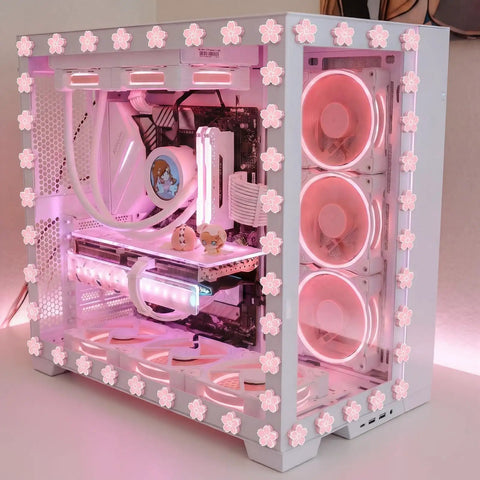 Pink Cherry Blossom PC Case Decor Set Featuring 15 Kawaii Sakura Stickers For Gamer Girls, Anime Style Wood Sakura Themed DIY Gaming Room Accessories, Residue Free Application With Easy Peel And Stick on a gaming PC.