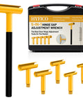 Upgraded Hinge Gap Adjusting Wrench for Residential and Commercial Doors with yellow finish, shown with five attachments and case.