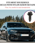 Black car on road with inset of 4 Piece Car License Plate Screw Kit Self Mounting For Front And Rear Plates
