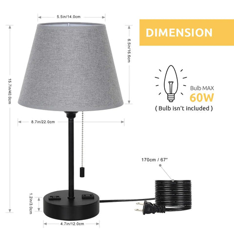 Modern Table Lamps With Dual USB Ports And AC Outlets Must Have Space Saving Bedside Lamps for Bedroom Gray Black Finish dimensions