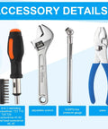 Motocross Tool Kit 32 Piece Set with adjustable wrench, screwdriver, tire gauge, and pliers, shown with accessory details.