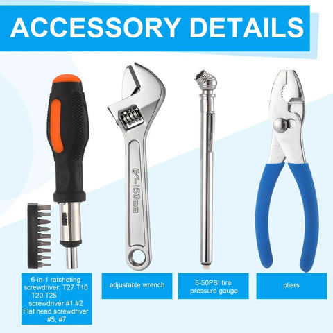 Motocross Tool Kit 32 Piece Set with adjustable wrench, screwdriver, tire gauge, and pliers, shown with accessory details.