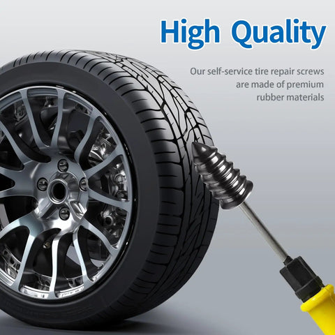 Tire Repair Rubber Nail Kit With Extraction Pliers Screwdriver And Gloves 40 Piece Vacuum Tire Repair Screws Emergency Tubeless Tire Plug Kit For Car Motorcycle Truck SUV ATV shown with a tire and screw close-up.