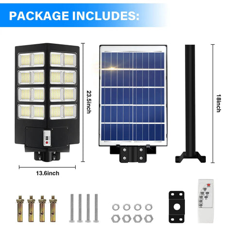 Package components for 600W Solar Street Light With Motion Sensor Dusk To Dawn 6500K Daylight White Flood Lighting IP67 Waterproof