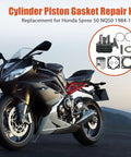 Cylinder Piston Gasket Repair Kit for Honda Spree 50 NQ50 1984 1987 Replacement Parts Set with motorcycle in background.