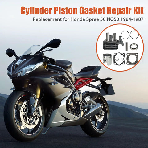 Cylinder Piston Gasket Repair Kit for Honda Spree 50 NQ50 1984 1987 Replacement Parts Set with motorcycle in background.