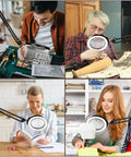 People using 12X 5 Inch Real Glass Magnifying Glass With LED Light And Stand, for electronics, crafts, reading, and sewing.