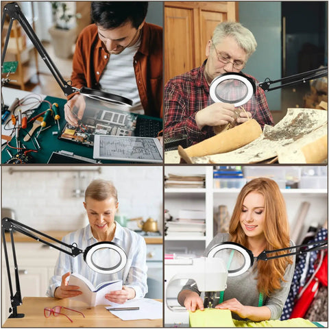 People using 12X 5 Inch Real Glass Magnifying Glass With LED Light And Stand, for electronics, crafts, reading, and sewing.
