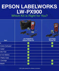 Epson Labelworks LW-PX900 Deluxe Printer Kit with hard case, USB cable, tape cartridge, and battery included.