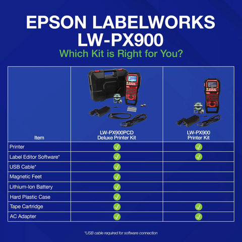 Epson Labelworks LW-PX900 Deluxe Printer Kit with hard case, USB cable, tape cartridge, and battery included.