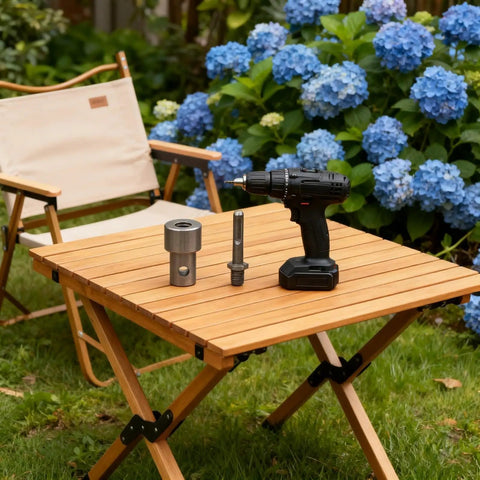 Impact wrench with Earth Auger Adapter Tool With Four Interface Types For Impact Wrench And Hammer Drill Use Round Square Hex And Electric Wrench on table with flowers
