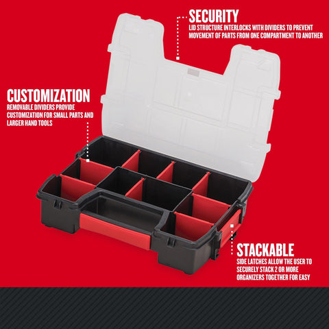 10-Compartment Small Tool Storage Organizer Made From Durable Plastic With Removable Dividers, showing open view