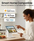 Smart Home Compatible device displaying usage with Apple Home and Alexa functionalities, positioned on a wooden countertop.
