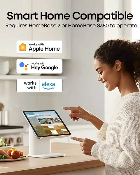 Smart Home Compatible device displaying usage with Apple Home and Alexa functionalities, positioned on a wooden countertop.