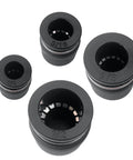 20 Piece Pro Grade Pneumatic Cap Style Push To Connect Fittings For 1/4 5/16 3/8 And 1/2 Inch Tubing Durable PBT Body With POM Release Button And Zinc Ferrule High Pressure Up To 145 Psi. Front view of four fittings.