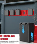 Heavy Duty Milwaukee 18V Battery Holder Storage Pack for wall mount shown with batteries locked in place