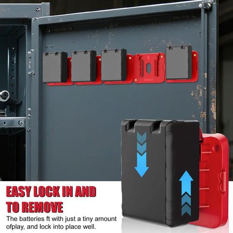 Heavy Duty Milwaukee 18V Battery Holder Storage Pack for wall mount shown with batteries locked in place