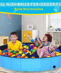 Children playing in a Foldable Dog Pool 39 Inch Collapsible Backyard Bath Tub For Dogs And Kids Portable Hard Plastic Base Easy To Fold And Carry Perfect For Pets Toddlers Beach Camping Outdoor Play filled with colorful balls indoors.