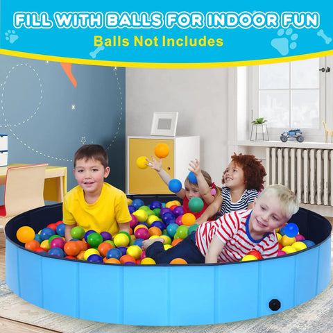 Children playing in a Foldable Dog Pool 39 Inch Collapsible Backyard Bath Tub For Dogs And Kids Portable Hard Plastic Base Easy To Fold And Carry Perfect For Pets Toddlers Beach Camping Outdoor Play filled with colorful balls indoors.