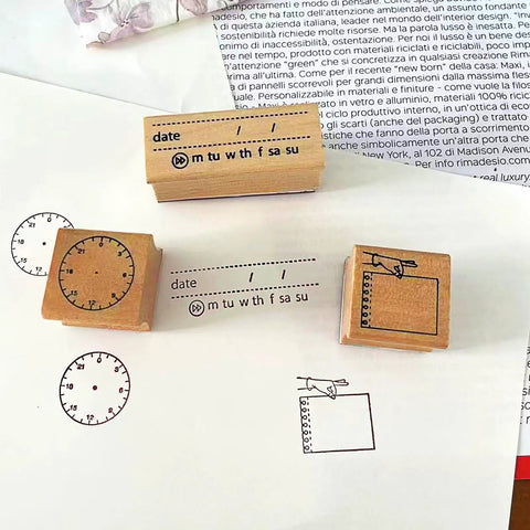 Top Shelf Wooden Stamp Set Featuring Date Time Notes Stamps For Crafting Journaling Planner Organization with date and clock designs.