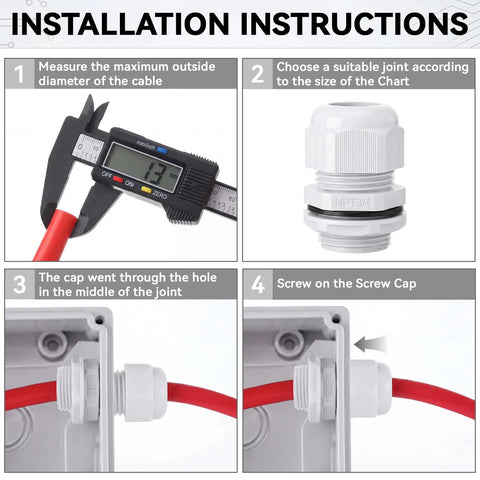 Installation guide for 100 Pack 3/4 In NPT Grey Nylon Cable Gland Waterproof IP68 PA68 Adjustable Locknut Cord Grip