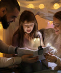 Family using Clip On LED Book Light With Charger And Travel Case Covers Both Pages Warm White Reading Light for reading