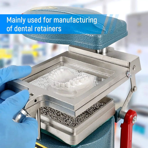 Dental vacuum forming machine with Bubble-Free 2.0mm Thermoforming Sheets for Splints, showcasing dental retainer mold.