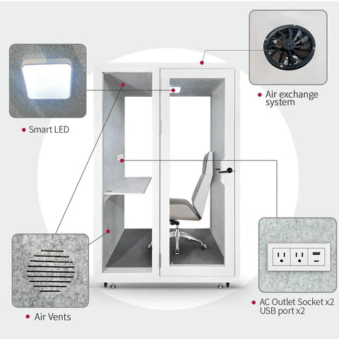 Rock Solid Soundproof Office Pod Featuring Tight Acoustic Sealing For Mobile Focus Booth with Smart LED and air exchange system.