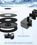 Diagram showing 3.5W Solar Fountain With 2000mAh Battery For Garden And Pool components, water level sensor, and assembly layers.