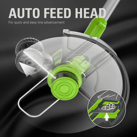 Close-up of the Auto Feed Head of the No Fuss Outdoor Cleaning Cordless String Trimmer for easy line advancement.